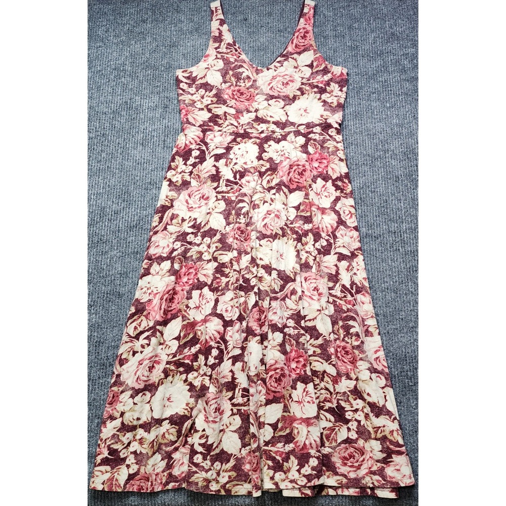 Chaps Womens Floral Rose Cotton Maxi Dress Burgundy Pink Sleeveless V-Neck Large